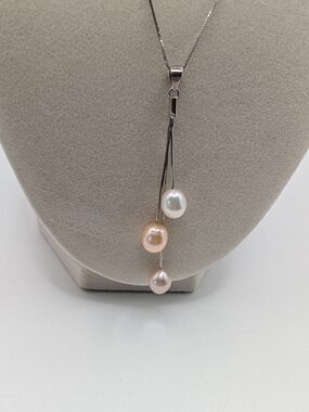 Silver Multi-Pearl Drop Necklace - White, Peach, Pink